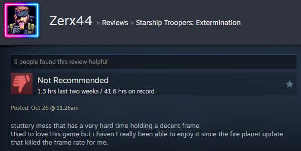 Image of an article titled Starship Troopers: Extinction from a Steam review